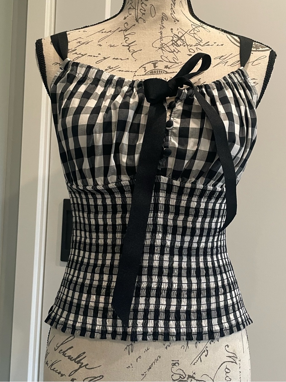 bebe Black & White Gingham Smocked Tie-Front Camisole